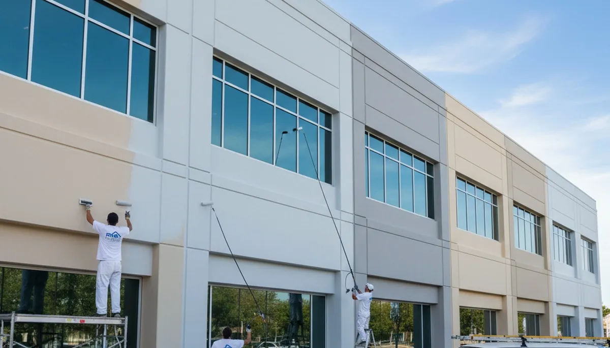 Professional commercial painters working on a retail building in Staten Island, NY