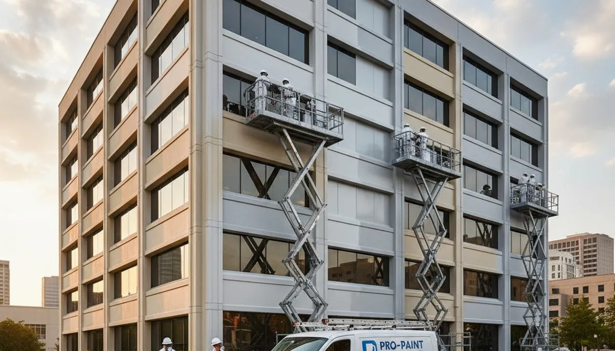Professional commercial painters working on an office building in Staten Island, NY