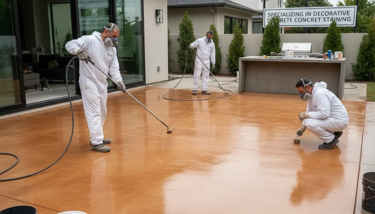 Professional concrete staining on residential driveway in Staten Island, NY by expert painters