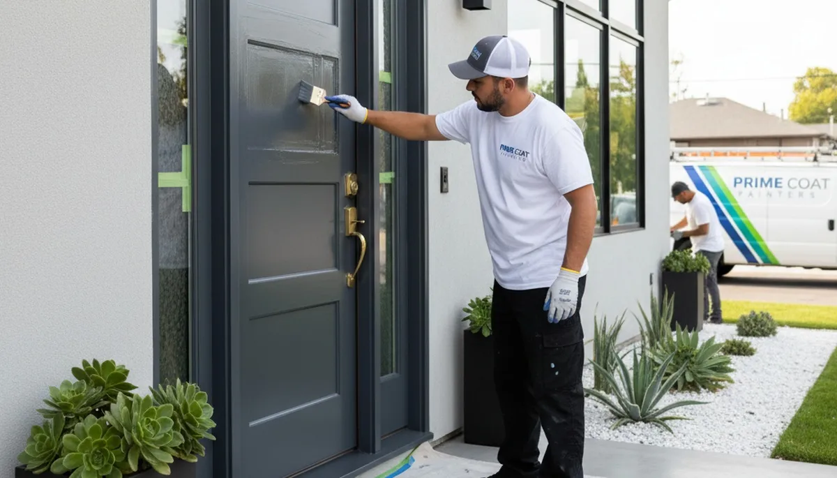 Professional door painters refinishing front door in Staten Island, NY for durable weather-resistant finish