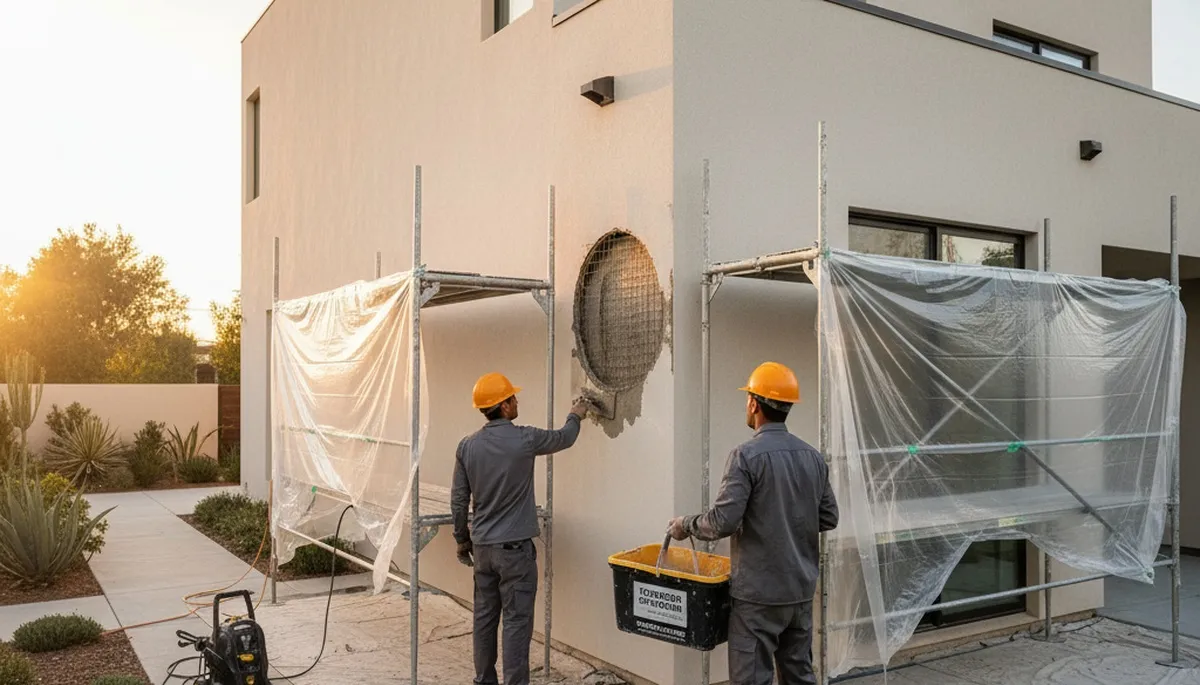 Professional stucco repair and exterior painting on a Staten Island, NY home façade
